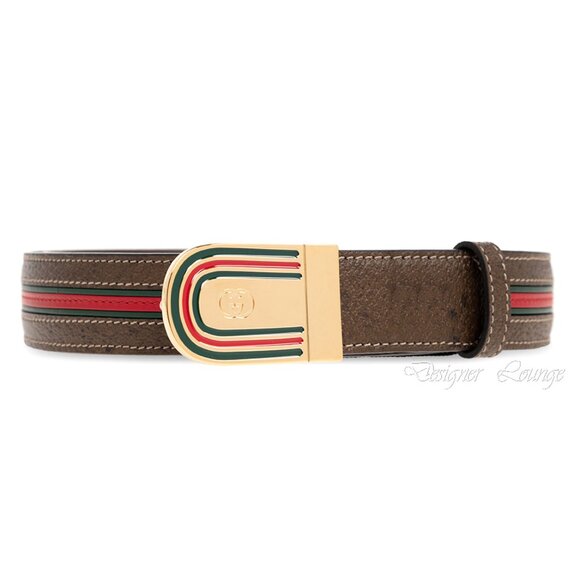 NEW GUCCI Men's Brown Leather WEB Stripe Gold GG Logo Buckle Belt Size 115 - Picture 3 of 12